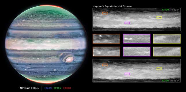 Jupiter and parts of its jet stream as seen by Webb's Near-Infrared Camera.