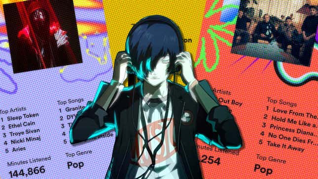 Makoto Yuki wears headphones with Spotify Wrapped cards in the background.