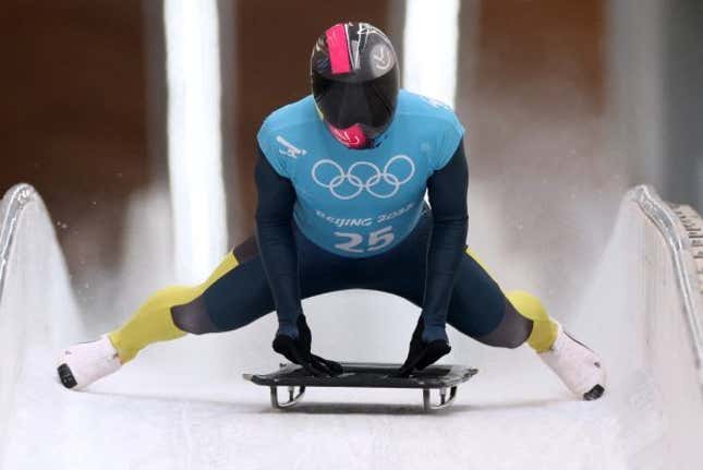 Ukrainian skeleton athlete Vladyslav Heraskevych in training at the Beijing 2022 Winter Olympics