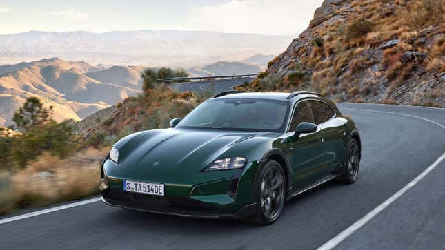 a dark green Porsche Taycan Cross Turismo driving on a mountain road