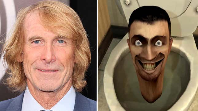 Ein Bild zeigt Michael Bay und einen Screenshot von Skibidi Toilet. 