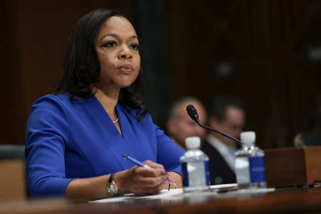 WASHINGTON, DC - MARCH 08: U.S. Assistant Attorney General Kristen Clarke testifies before the Senate Judiciary Committee at the Dirksen Senate Office Building on March 08, 2022 in Washington, DC. The Judiciary Committee held a hearing on combating the rise in hate crimes. 