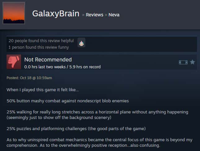 A screenshot shows a Steam user review from Neva.