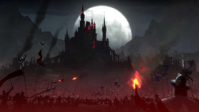 A V Rising image of a castle illuminated by moonlight and surrounded by fire, people, and a red haze. 