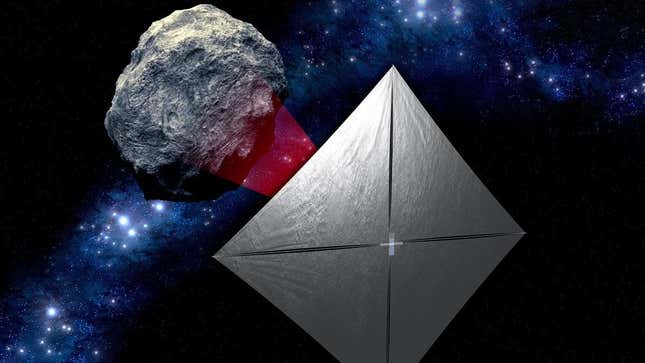 The Near-Earth Asteroid Scout (NEA Scout) mission is designed to use a solar sail to fly by an asteroid and gather images. 