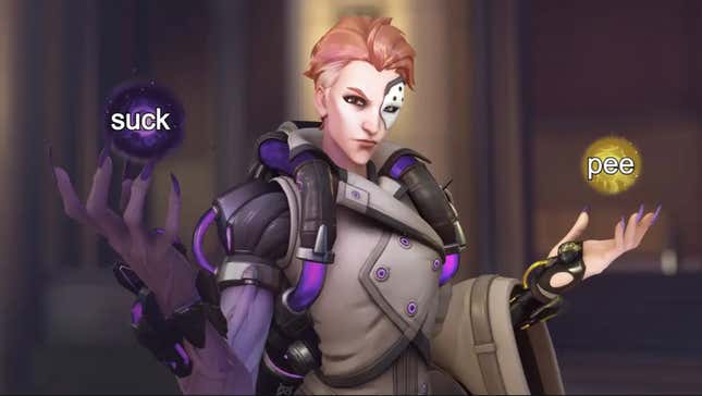 Moira from Overwatch holds two orbs, one that says "suck" and one that says "pee."