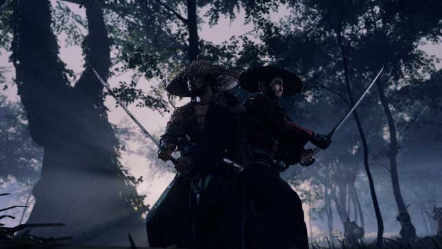 Two samurai stand back to back in Ghost of Tsushima.