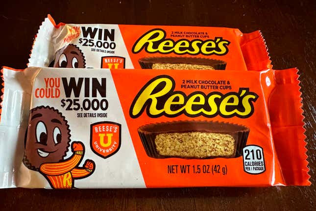 Two packages of Reese&#39;s candy featuring a sweepstakes ad are shown in Ann Arbor, MI., on Friday, Oct. 13, 2023. Reese&#39;s may be violating state and federal laws with the sweepstakes offer. (AP Photo/Dee-Ann Durbin)