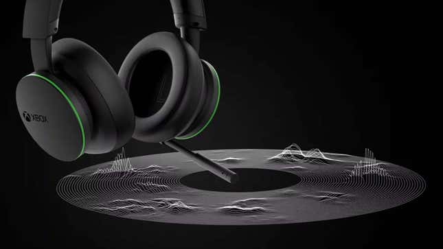 An image shows a Xbox wireless headset floating in a black void. 