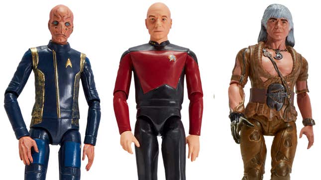 Playmates' new Star Trek Universe figures of Saru, Picard, and Khan.