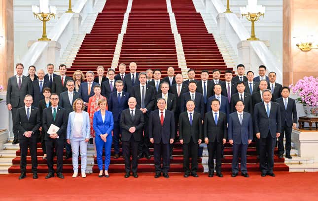 In this photo released by Xinhua News Agency, Chinese Premier Li Qiang and German Chancellor Olaf Scholz jointly attend a meeting of the China-Germany economic advisory committee at the Great Hall of the People in Beijing, Tuesday, April 16, 2024. Europe wants two things from China: First, a shift in its relatively pro-Russia position on the war in Ukraine. Second, a reduction in the trade imbalance. It’s not clear if it will get very far on either front. (Yin Bogu/Xinhua via AP)