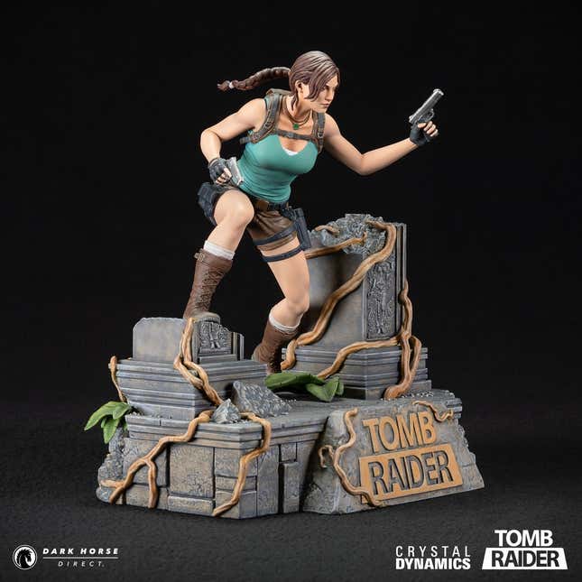 A shot of the Lara Croft statue from the side.