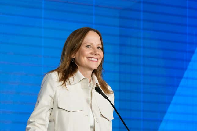 General Motors CEO Mary Barra addresses a news conference, Monday, April 15, 2024 in Detroit. GM plans to move its iconic Detroit headquarters to a new downtown office tower and redevelop its home office site. In addition, Bedrock, which owns multiple office buildings downtown, will join GM in studying redevelopment of the seven-building Renaissance Center now owned by GM. The new building is on the site of the old Hudson&#39;s department store in the heart of downtown. (AP Photo/Carlos Osorio)