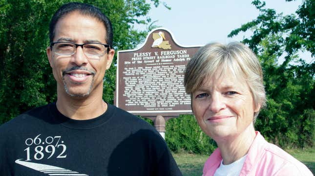 Keith Plessy and Phoebe Ferguson, descendants of the principals in the Plessy V. Ferguson court case, pose for a photograph in front of a historical marker in New Orleans, on Tuesday, June 7, 2011. Homer Plessy, the namesake of the U.S. Supreme Court’s 1896 “separate but equal” ruling, is being considered for a posthumous pardon. The Creole man of color died with a conviction still on his record for refusing to leave a whites-only train car in New Orleans in 1892. 