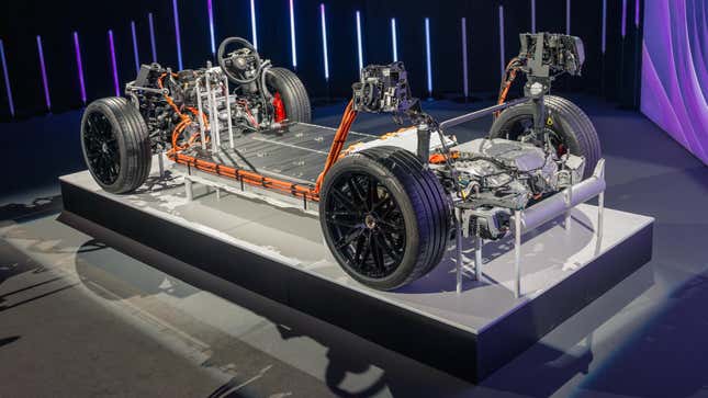 The bare chassis of a 2024 Porsche Macan EV