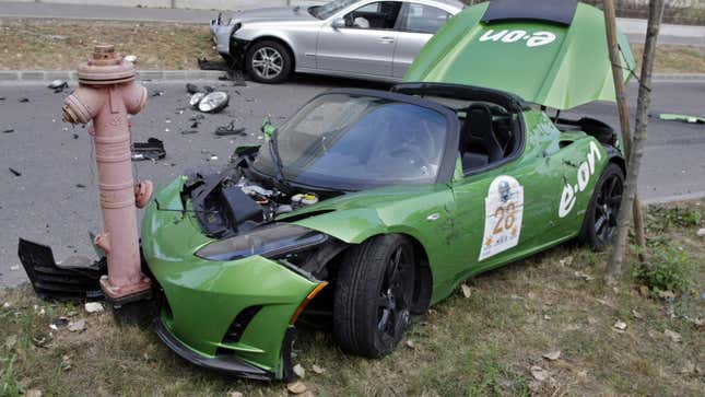 An electric car crashed during a test of alternative-power vehicles, Budapest 2011.