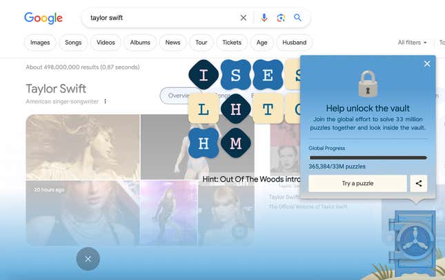 Taylor Swift Easter egg word puzzles in Google Search