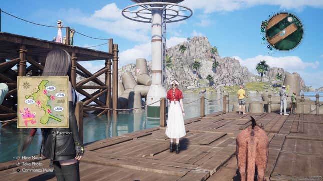 Aerith, Tifa, and Red XIII stand on a bridge.