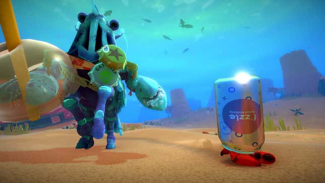 A screenshot of Kril in a soda can shell against a much bigger knight-shaped crustacean.