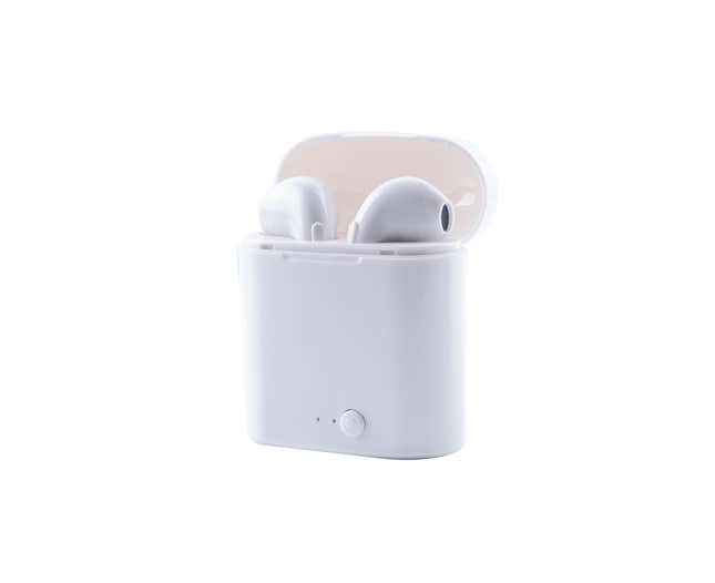 A pair of Apple AirPods in their plastic case.