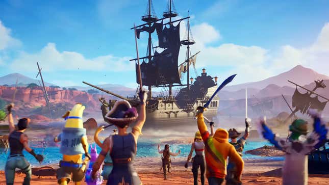 Fortnite characters race toward a pirate ship.