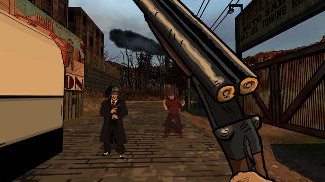 A screenshot shows mafia goons taking on a player with a shotgun. 