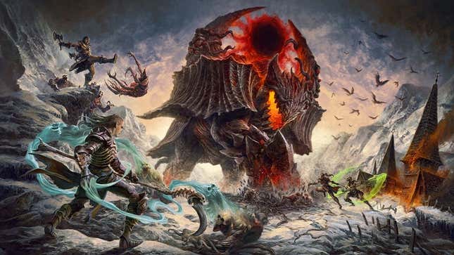 Some art created by Blizzard for Diablo 4. There's a big beast with what looks like a black hole between spikes on its back.