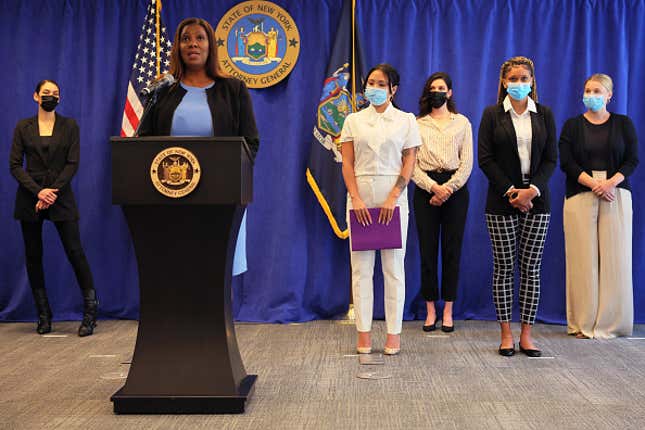 New York Attorney General Letitia James speaks during a press conference at the office of the Attorney General on July 13, 2022 in New York City. NY AG James announced today that her office has reached a settlement of $500,000 for more than a dozen current and former employees of the Sweet and Vicious, a bar in Manhattan, after a 16-month investigation into allegations of sexual harassment, discrimination and wage theft at the establishment. 