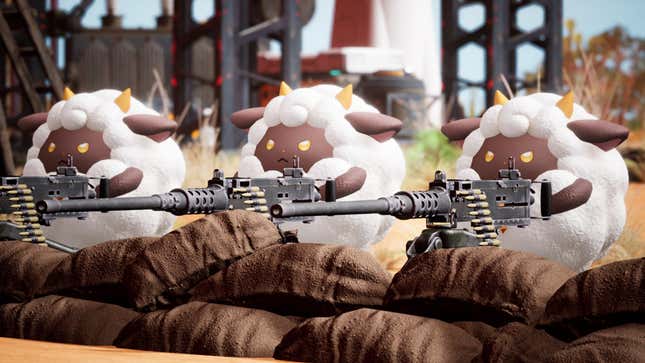 Three sheep are shown in cover and holding guns.