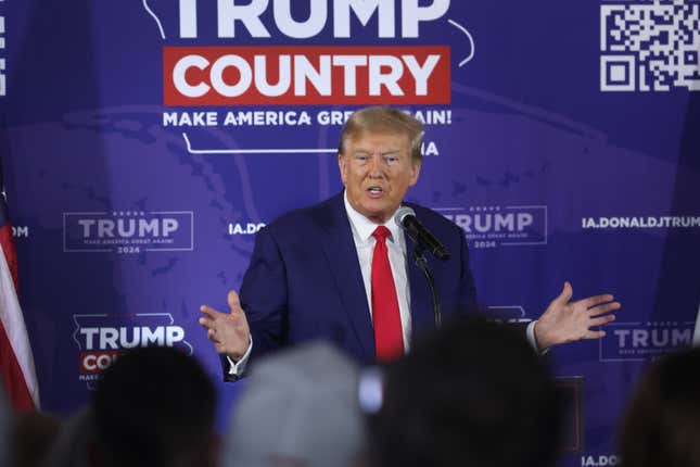 ANKENY, IOWA - DECEMBER 02: Republican presidential candidate former President Donald Trump speaks at a commit to caucus campaign event at the Whiskey River bar on December 02, 2023 in Ankeny, Iowa. Iowa Republicans will be the first to select their party’s nominee for president when they go to caucus on January 15, 2024. 