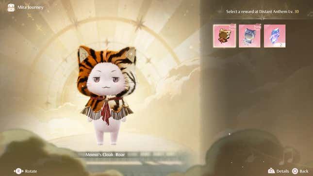 The Distant Anthem Level 30 rewards screen, which shows Momo’s Roar Cloak.