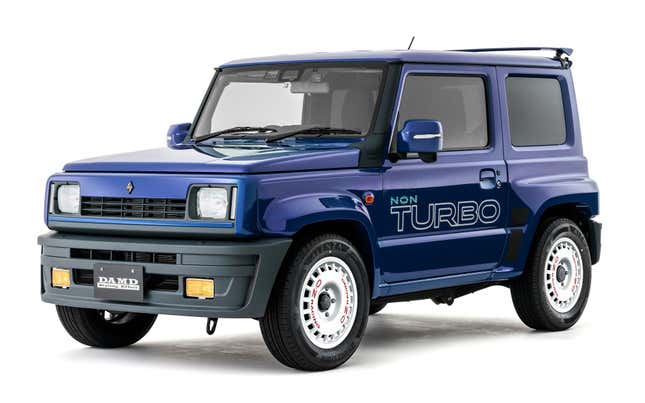 Front 3/4 view of a blue Suzuki Jimny with a Renault 5 bodykit