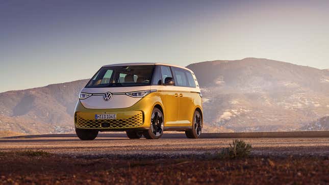 A photo of a yellow and white VW ID Buzz minivan. 