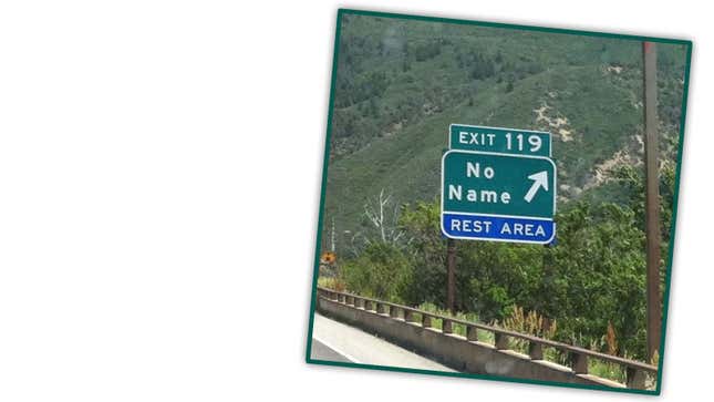 A photo of a green road sign that says "No Name" 