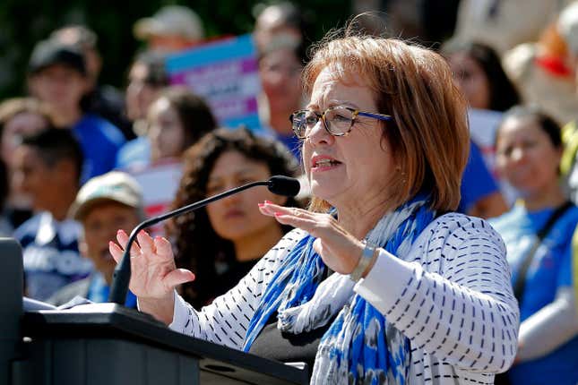 FILE - State Sen. Maria Elena Durazo, D-Los Angeles, addresses a gathering in Sacramento, Calif., May 20, 2019. This year, Durazo, has introduced a bill to require business owners and landlords to disclose their identities under legislation aimed at cracking down on opaque ownership structures that have enabled some companies to skirt state laws without facing consequences. (AP Photo/Rich Pedroncelli, File)