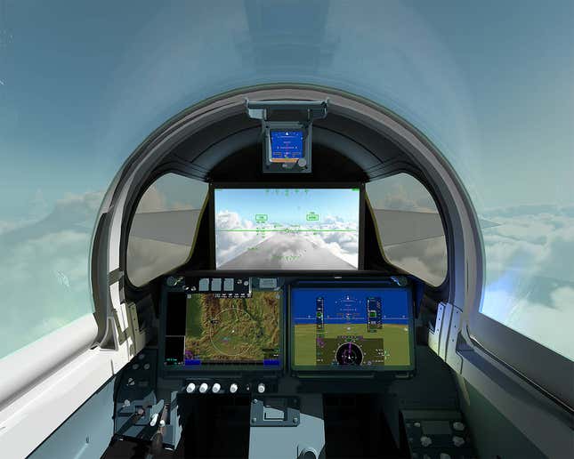 An artist's concept of the cockpit in flight.