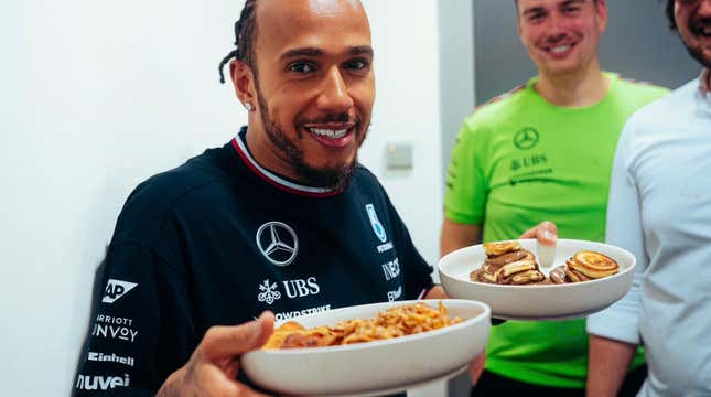 Lewis Hamilton snacking on post-season mini-pancakes