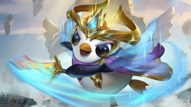 A fantasy penguin wearing a crown and cape swings a golden sword.