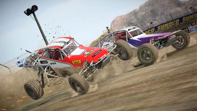 A Dirt 4 image showing two rally cars racing against each other.