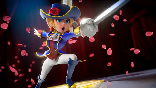 Swordfighter peach lunging towards camera with sword