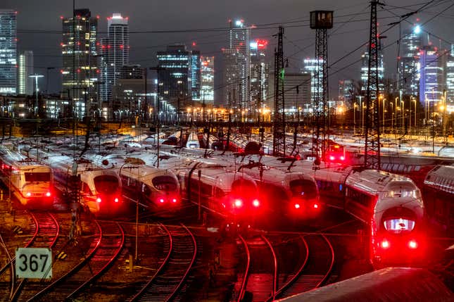 File - Trains are parked outside the central station in Frankfurt, Germany on Jan. 24, 2024 during a planned six-day strike. The International Monetary Fund downgraded the outlook for some countries as Europe continues to struggle with dispirited consumers and the lingering effects of the energy price shock caused by the Russian invasion of Ukraine. (AP Photo/Michael Probst, File)