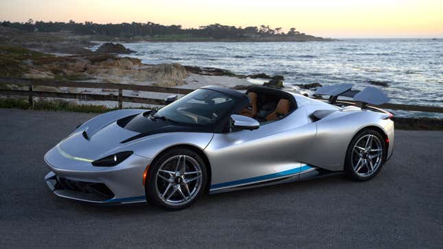 Front 3/4 view of a silver Automobili Pininfarina Battista Targamerica