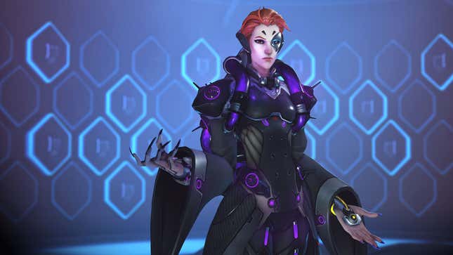 Moira stands at attention.