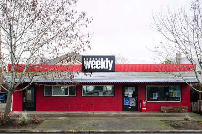 FILE - The red office building of the Eugene Weekly sits in Eugene, Ore., on Friday, Dec. 29, 2023. The Oregon weekly newspaper that had to lay off its entire staff after its funds were embezzled by a former employee will relaunch its print edition in February 2024, its editor said, a move made possible in large part by fundraising campaigns and community contributions. (Todd Cooper via AP, File)