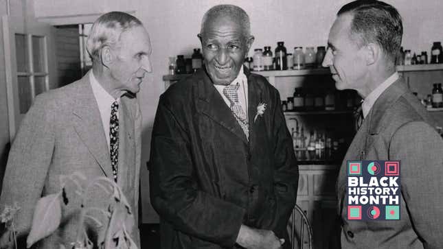 Ford Opens Food Laboratory. Dearborn, Michigan: Henry Ford (left) and son, Edsel, greet Dr. George Washington Carver, noted Negro scientist from Tuskegee Institute who came to Dearborn to receive from the motor magnate a gift of a modern fully equipped laboratory for food research and experiments in which Dr. Carver has been particularly interested for nearly half a century. Sandwiches and salads, made by the scientist from weeds and wild vegetables, were served to guests.