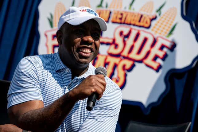US Senator and Republican 2024 presidential hopeful Tim Scott speaks during his Fair Side Chat at the Iowa State Fair in Des Moines, Iowa, on August 15, 2023. 