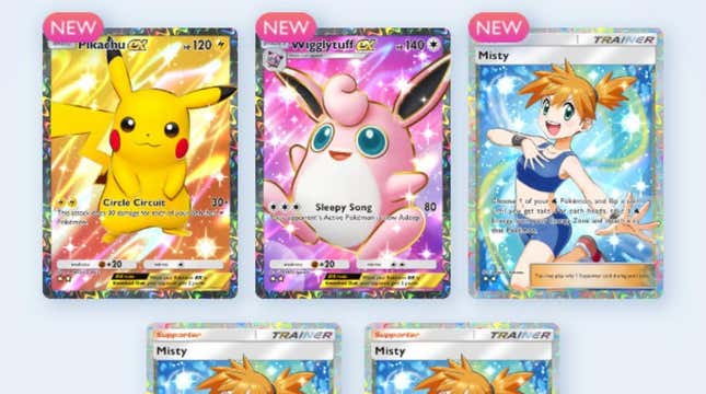 A screenshot from Pokemon TCGP shows a Pikachu card, Wigglytuff card, and three Misty cards.