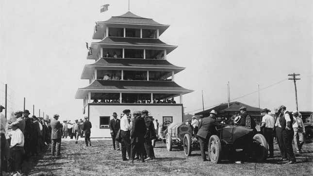 An archival shot of a pagoda-like structure in Speedway, Indiana