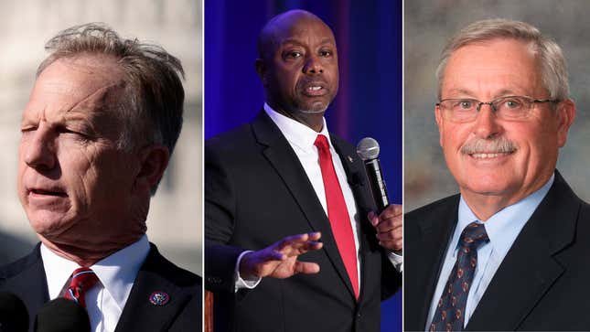 Rep. Kevin Hern (R-Okla.), Sen. Tim Scott (R-S.C.), and Nebraska state Rep. Steve Erdman, left to right.