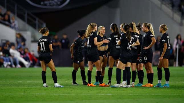 Members of Angel City FC during a game at BMO Stadium in April.